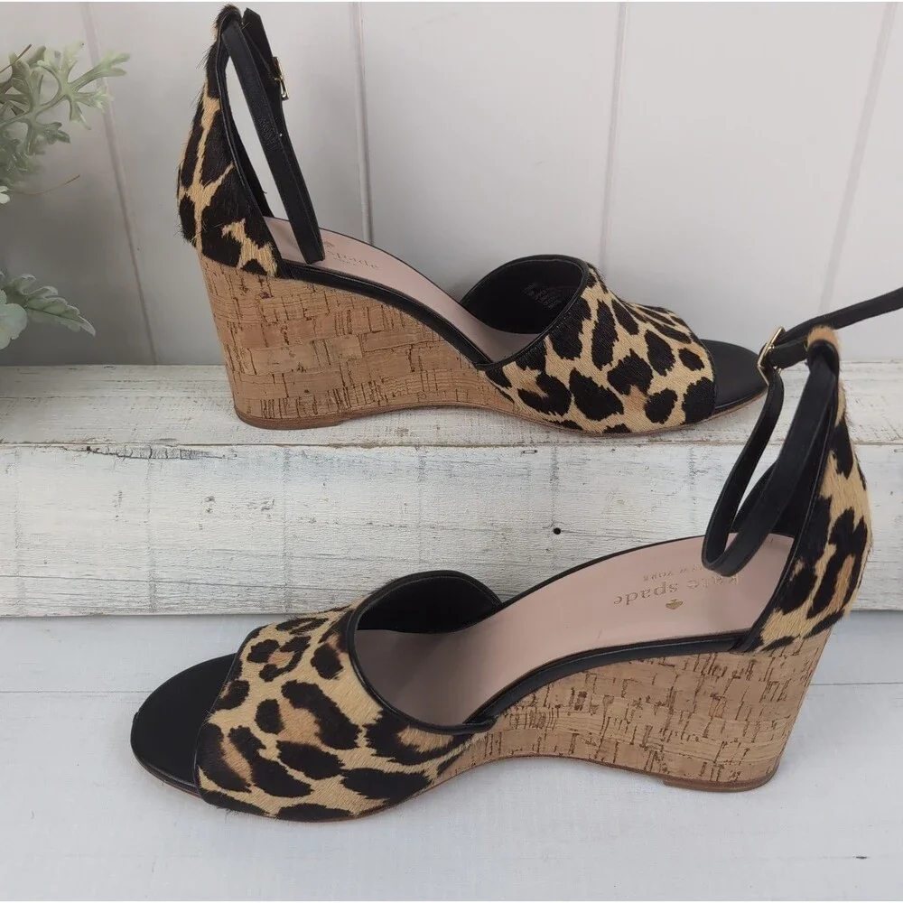 Kate Spade Women's Lonnie Leopard Calf Hair Cork Wedge Sandals Size 9 M